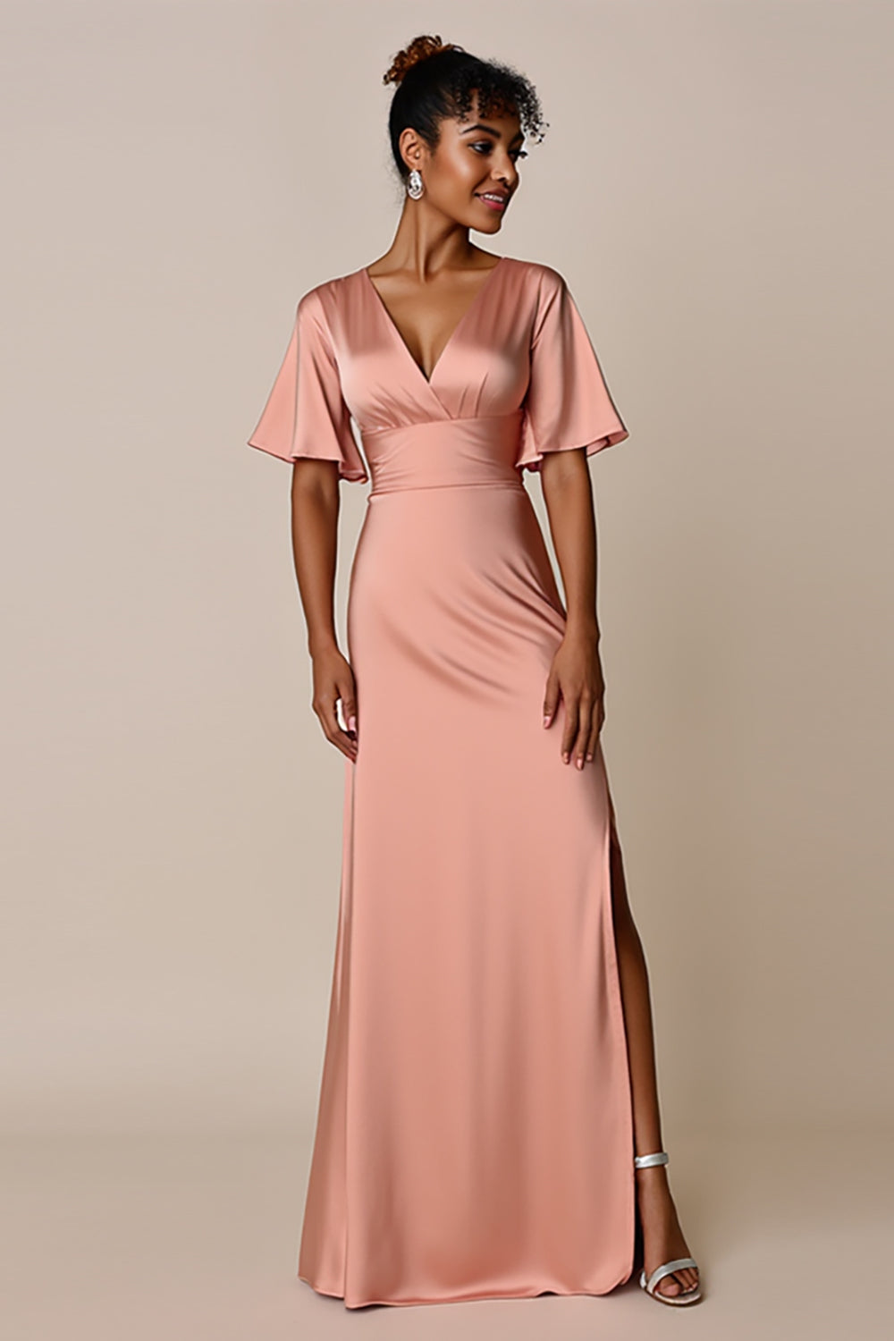 Blush Satin V-Neck Sheath Maxi Bridesmaid Dress with Slit