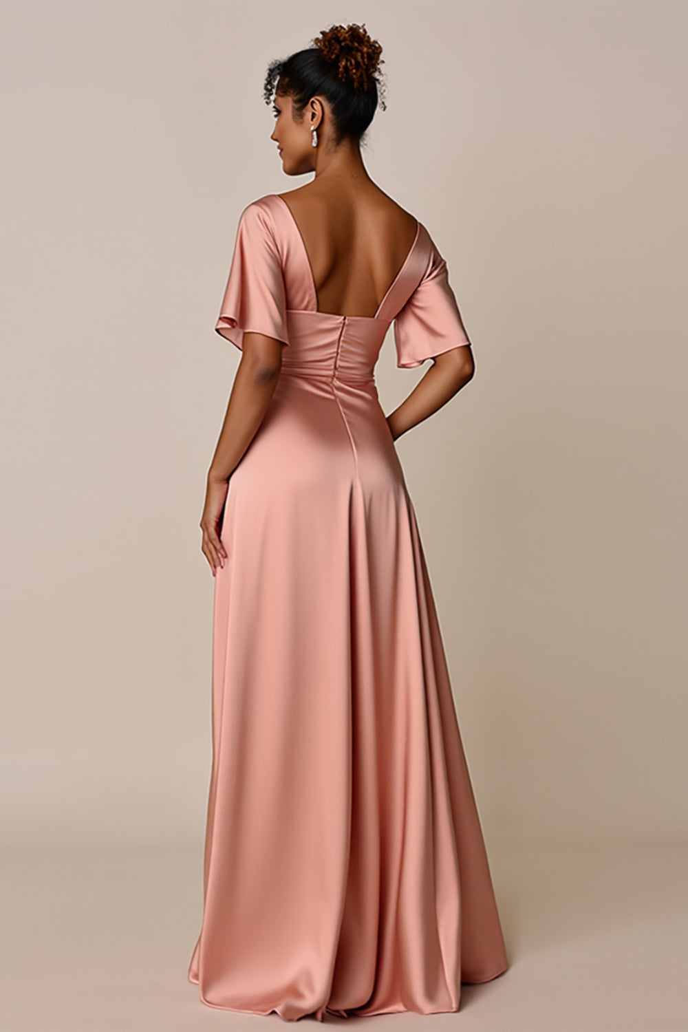 Blush Satin V-Neck Sheath Maxi Bridesmaid Dress with Slit