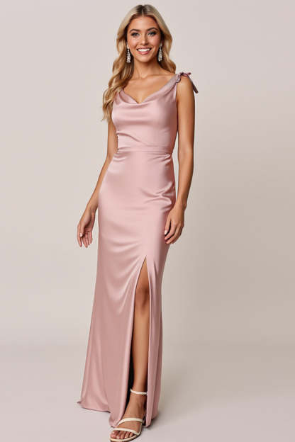 Leely Women Candy Pink Sheath Maxi Bridesmaid Dress with Slit Satin Cowl Neck Wedding Guest Dress