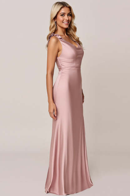 Candy Pink Satin Sheath Maxi Bridesmaid Dress with Slit