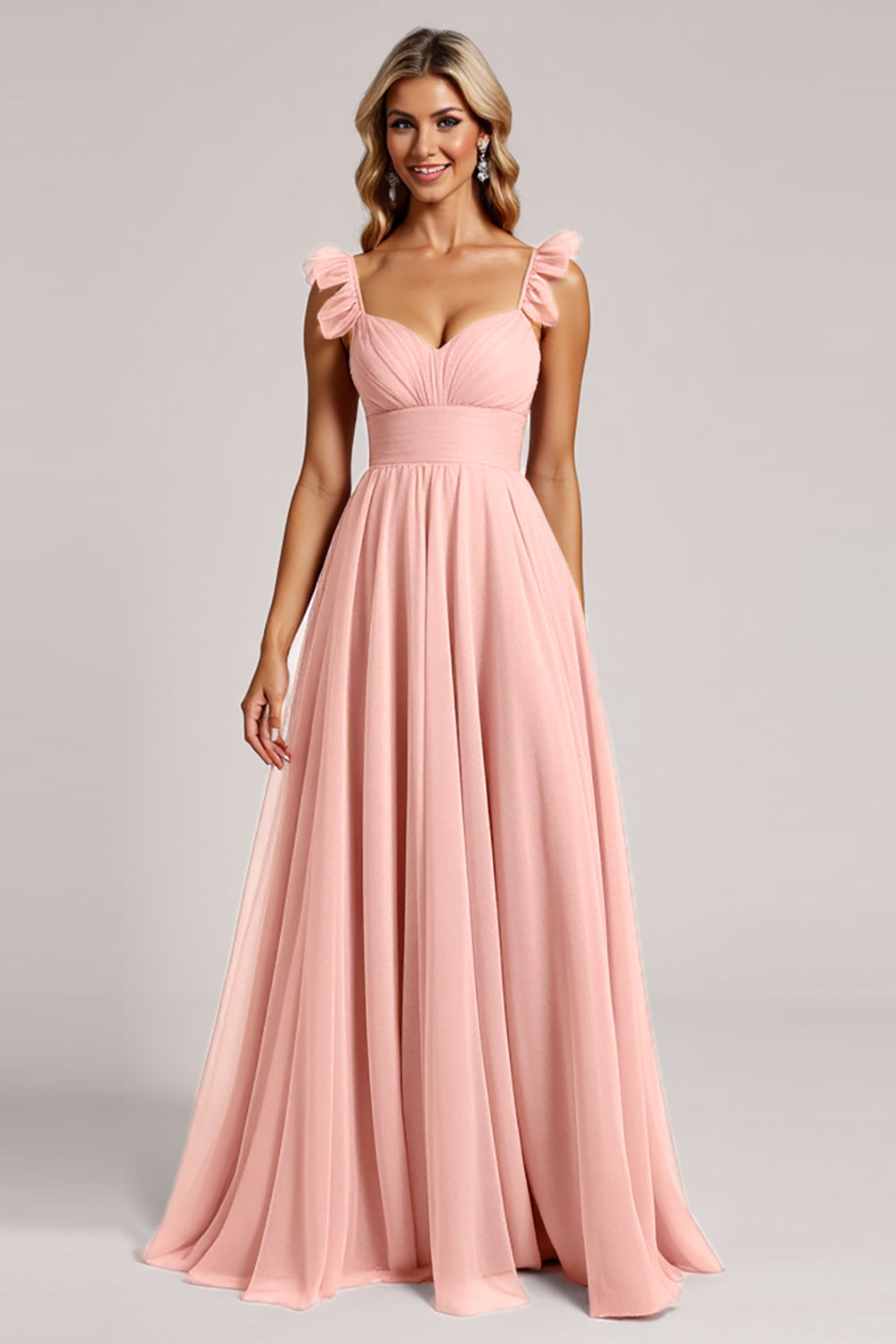 Blush A Line Ruched Maxi Bridesmaid Dress with Ruffles