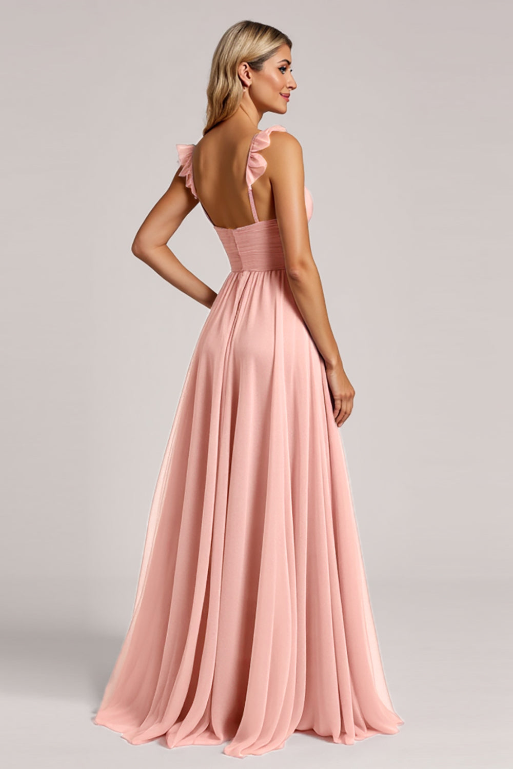 Blush A Line Ruched Maxi Bridesmaid Dress with Ruffles