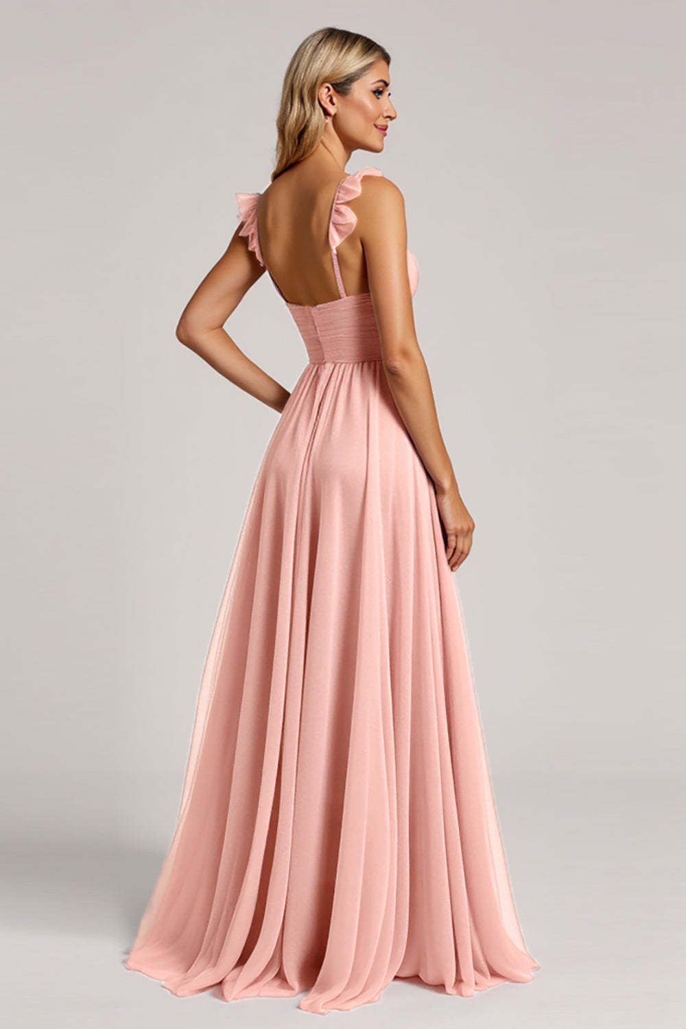 Blush A Line Ruched Maxi Bridesmaid Dress with Ruffles