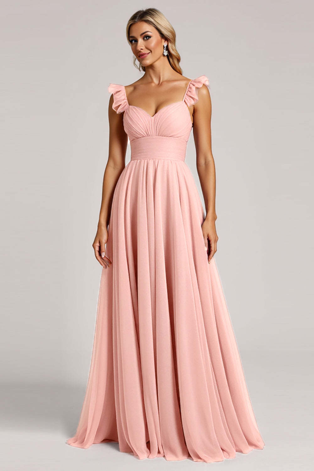 Blush A Line Ruched Maxi Bridesmaid Dress with Ruffles