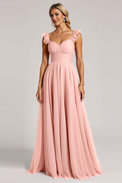 Blush A Line Ruched Maxi Bridesmaid Dress with Ruffles