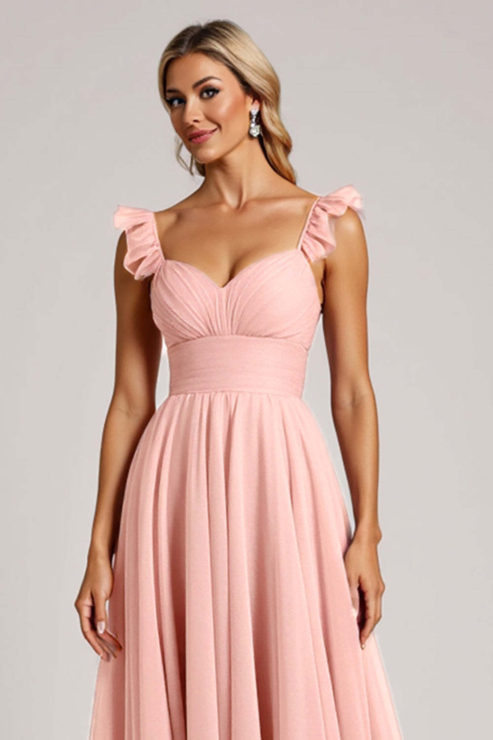 Blush A Line Ruched Maxi Bridesmaid Dress with Ruffles