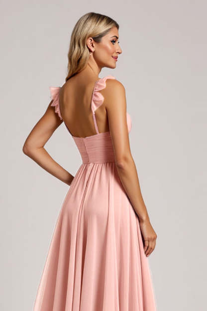 Blush A Line Ruched Maxi Bridesmaid Dress with Ruffles