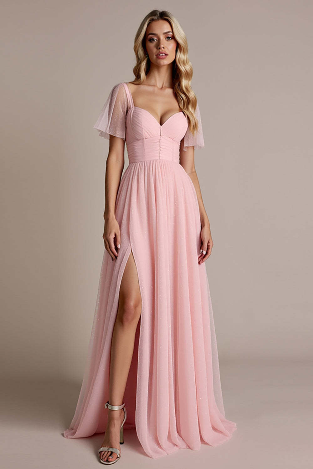 Leely Women Candy Pink A Line Chiffon Maxi Bridesmaid Dress with Slit Short Sleeves Backless Wedding Guest Dress with Bow