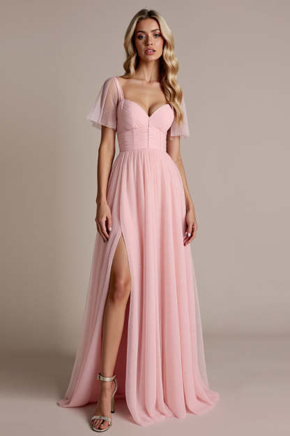 Leely Women Candy Pink A Line Chiffon Maxi Bridesmaid Dress with Slit Short Sleeves Backless Wedding Guest Dress with Bow