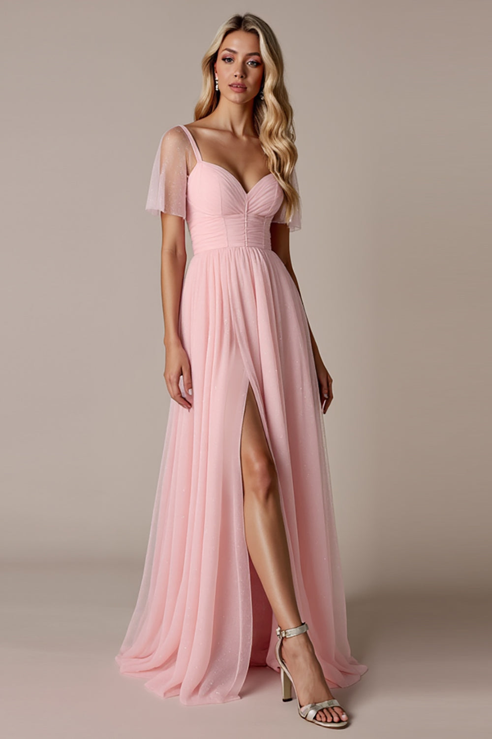 A Line Chiffon Candy Pink Maxi Bridesmaid Dress with Slit
