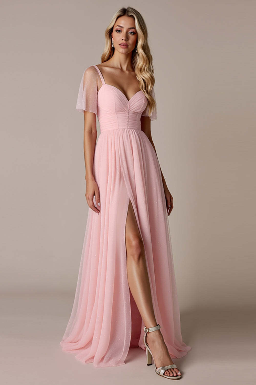 A Line Chiffon Candy Pink Maxi Bridesmaid Dress with Slit