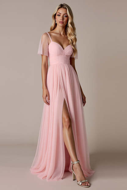 A Line Chiffon Candy Pink Maxi Bridesmaid Dress with Slit