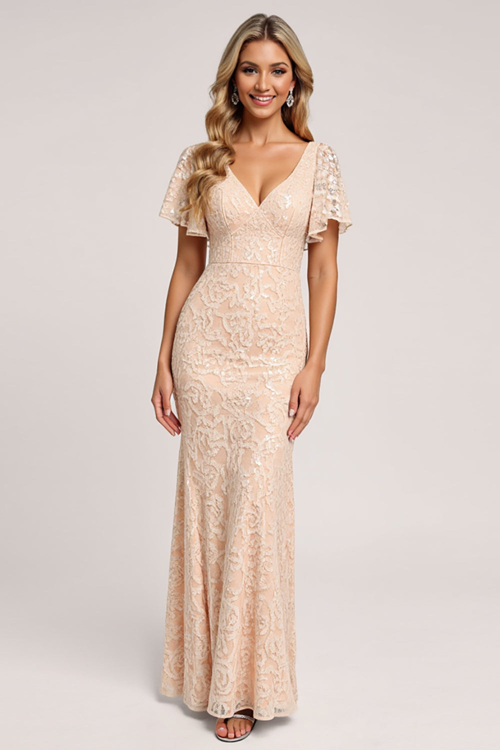 Apricot Mermaid Lace V-Neck Maxi Bridesmaid Dress