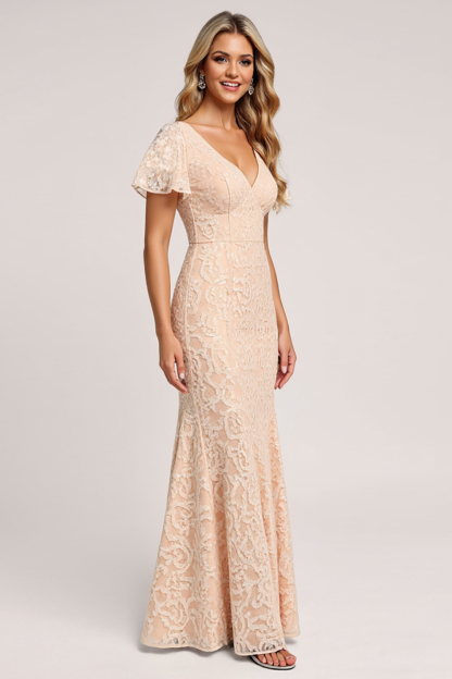 Apricot Mermaid Lace V-Neck Maxi Bridesmaid Dress