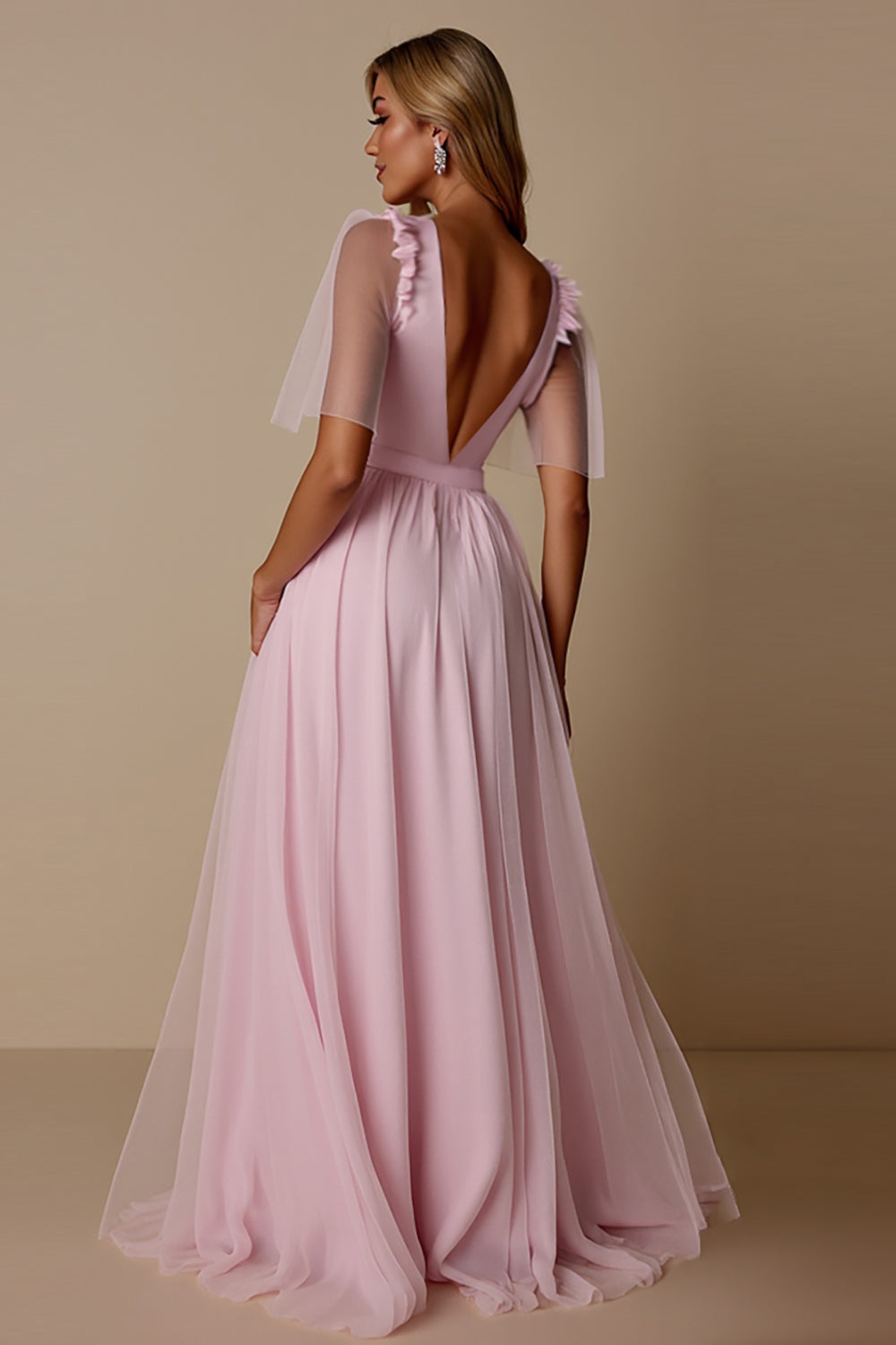 Candy Pink A Line V-Neck Maxi Flowy Bridesmaid Dress