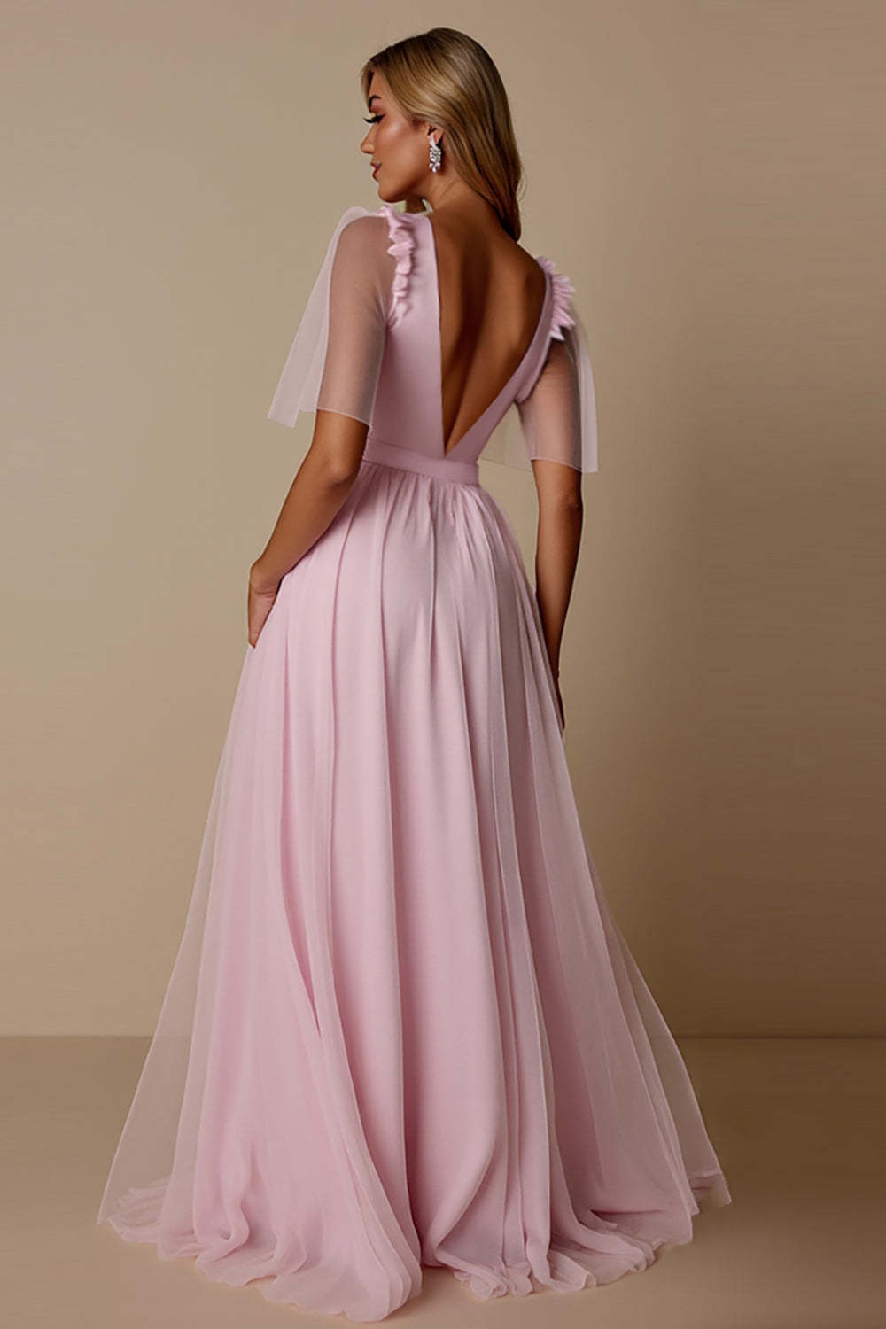 Candy Pink A Line V-Neck Maxi Flowy Bridesmaid Dress
