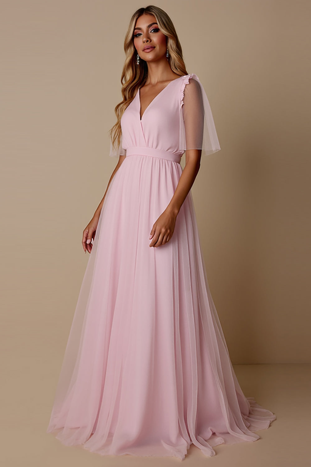 Leely Women Candy Pink A Line V-Neck Maxi Bridesmaid Dress Organza Short Sleeves Backless Wedding Guest Dress