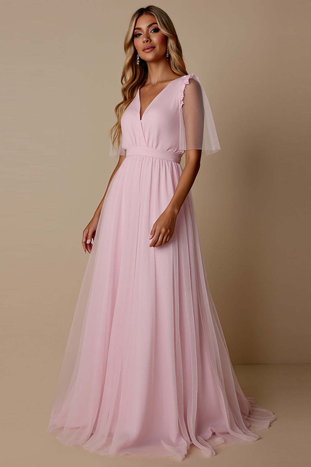 Leely Women Candy Pink A Line V-Neck Maxi Bridesmaid Dress Organza Short Sleeves Backless Wedding Guest Dress