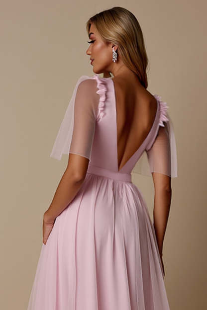 Candy Pink A Line V-Neck Maxi Flowy Bridesmaid Dress