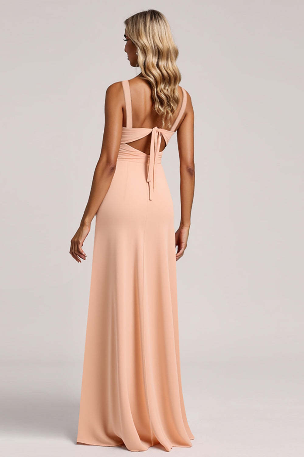 Blush V-Neck Sheath Ruched Maxi Bridesmaid Dress with Slit