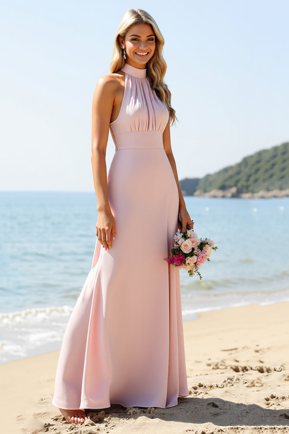 Leely Women Candy Pink Chiffon Sheath Boho Maxi Bridesmaid Dress High Neck Backless Wedding Guest Dress