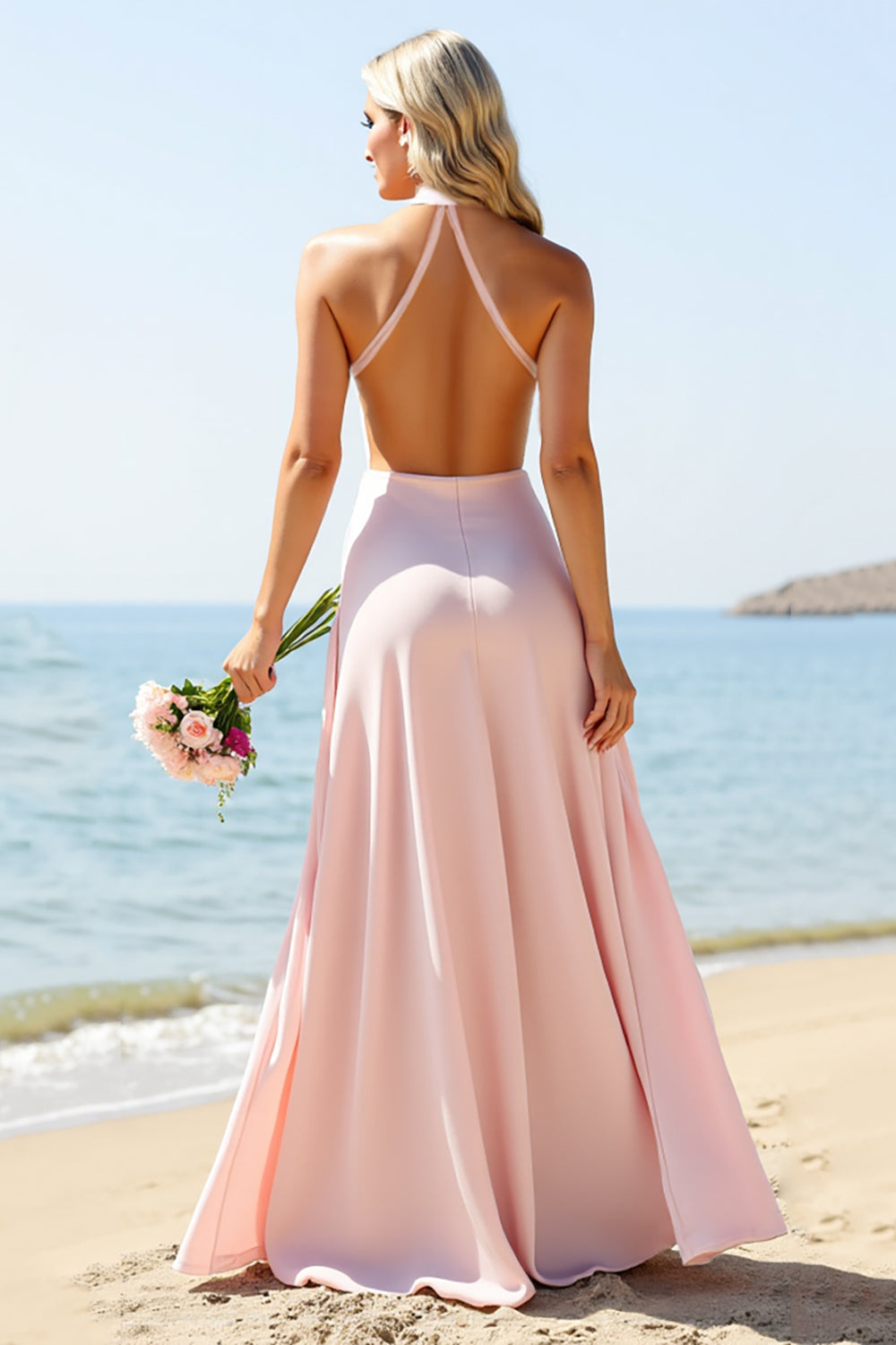 Candy Pink High Neck Chiffon Boho Maxi Bridesmaid Dress