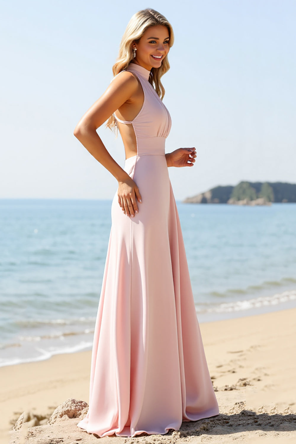 Candy Pink High Neck Chiffon Boho Maxi Bridesmaid Dress