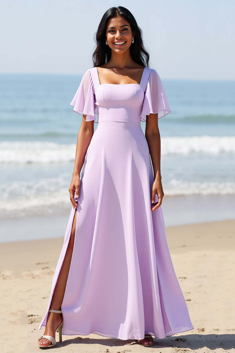 Leely Women Lilac Chiffon Boho Maxi Bridesmaid Dress Flutter Sleeves A Line Square Neck Backless Wedding Guest Dress