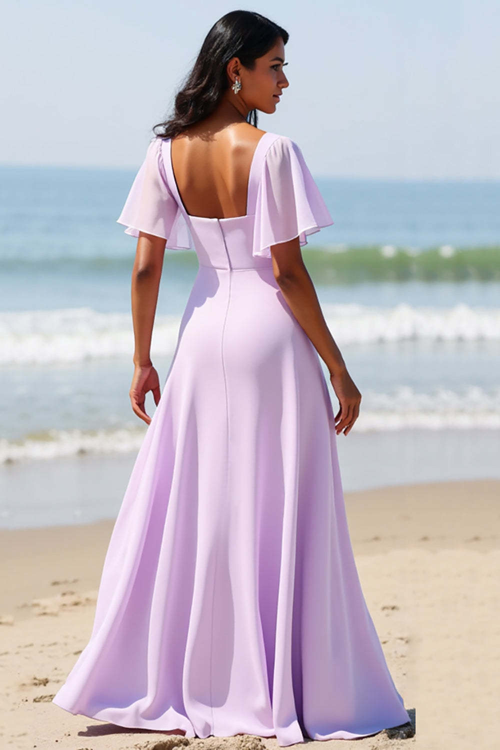 Lilac Flutter Sleeves Chiffon A Line Boho Maxi Bridesmaid Dress