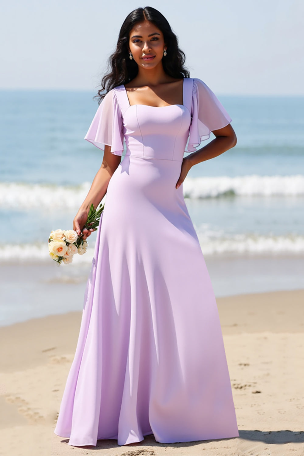 Lilac Flutter Sleeves Chiffon A Line Boho Maxi Bridesmaid Dress