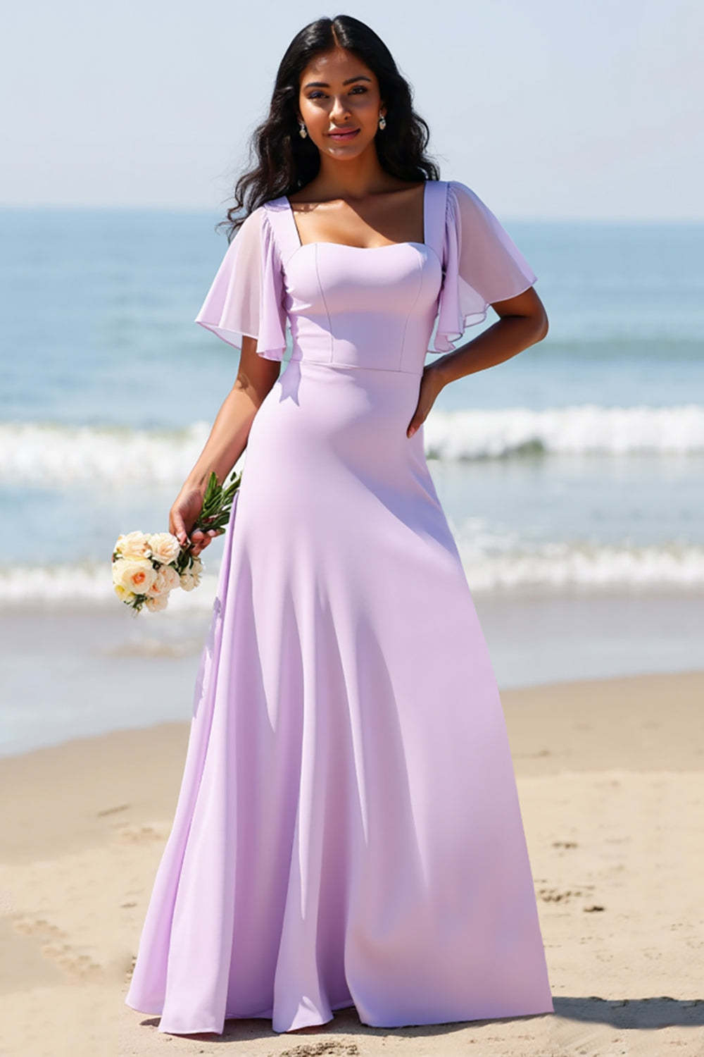 Lilac Flutter Sleeves Chiffon A Line Boho Maxi Bridesmaid Dress