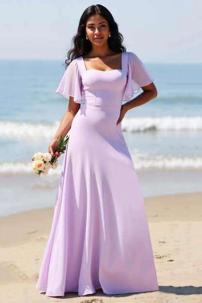 Lilac Flutter Sleeves Chiffon A Line Boho Maxi Bridesmaid Dress