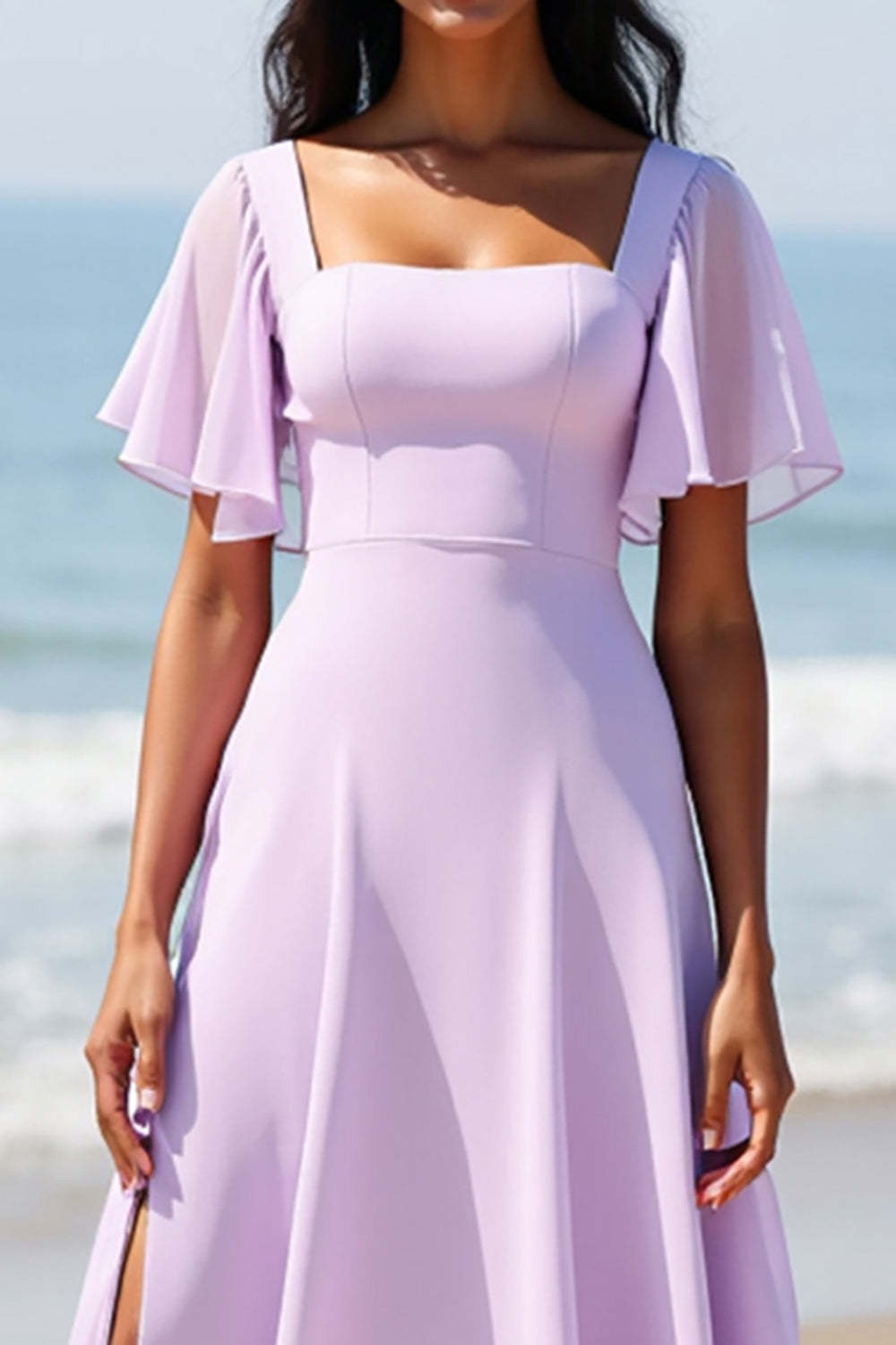 Lilac Flutter Sleeves Chiffon A Line Boho Maxi Bridesmaid Dress