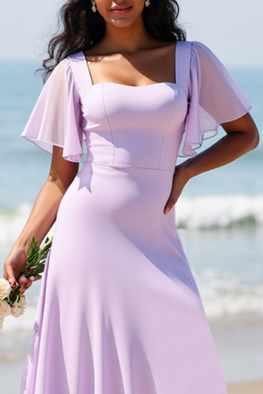 Lilac Flutter Sleeves Chiffon A Line Boho Maxi Bridesmaid Dress