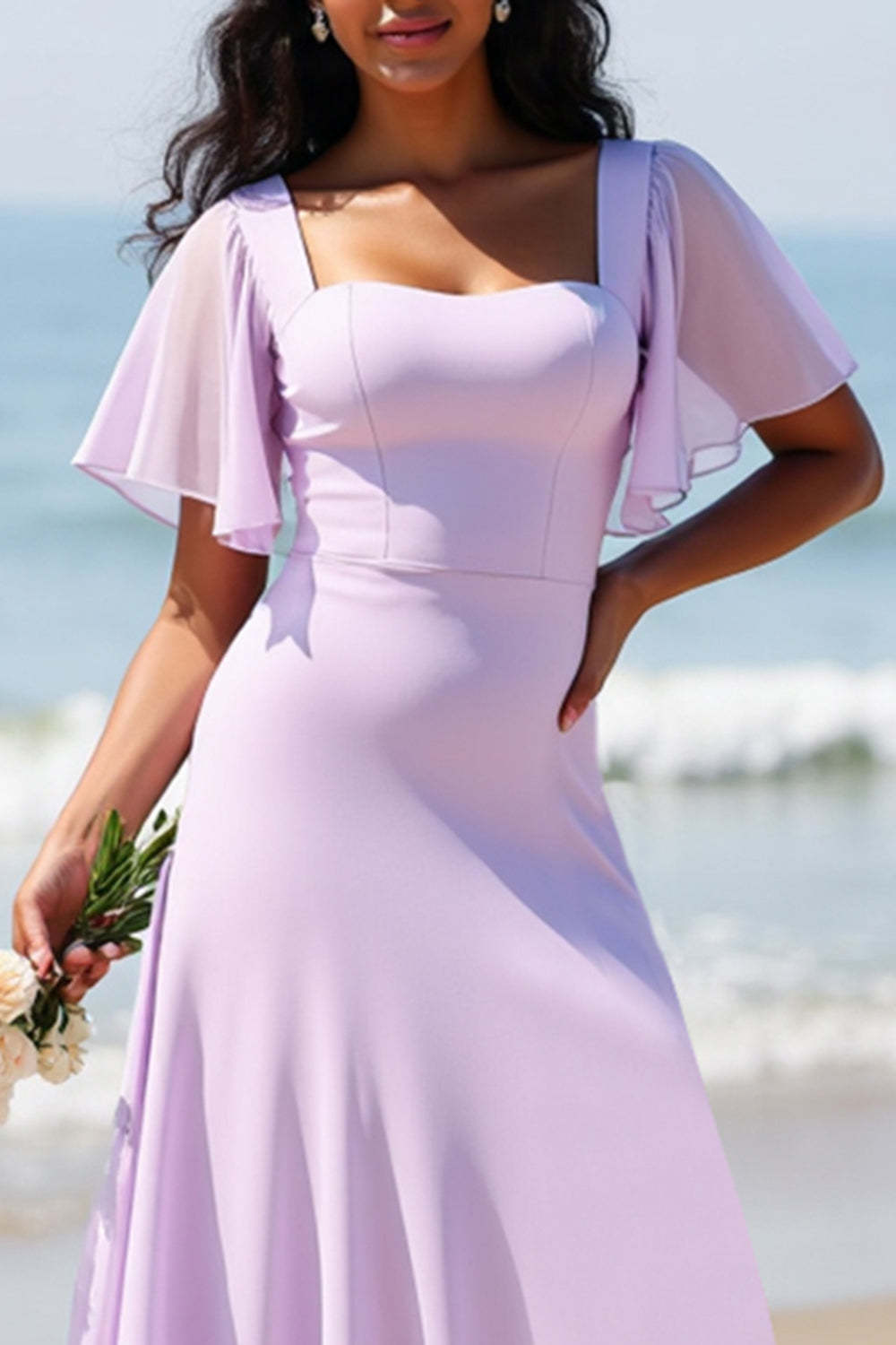 Lilac Flutter Sleeves Chiffon A Line Boho Maxi Bridesmaid Dress