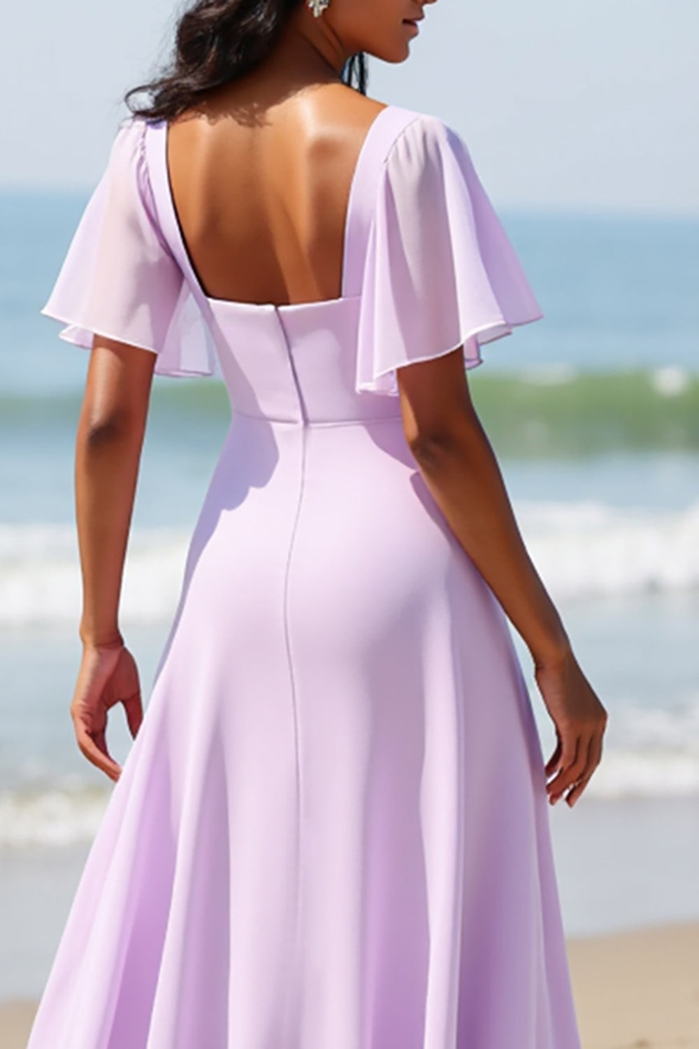 Lilac Flutter Sleeves Chiffon A Line Boho Maxi Bridesmaid Dress