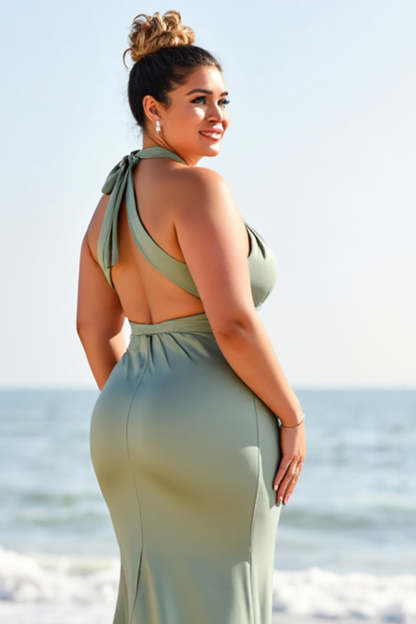 Eucalyptus Plus Size Satin Boho Maxi Bridesmaid Dress with Slit