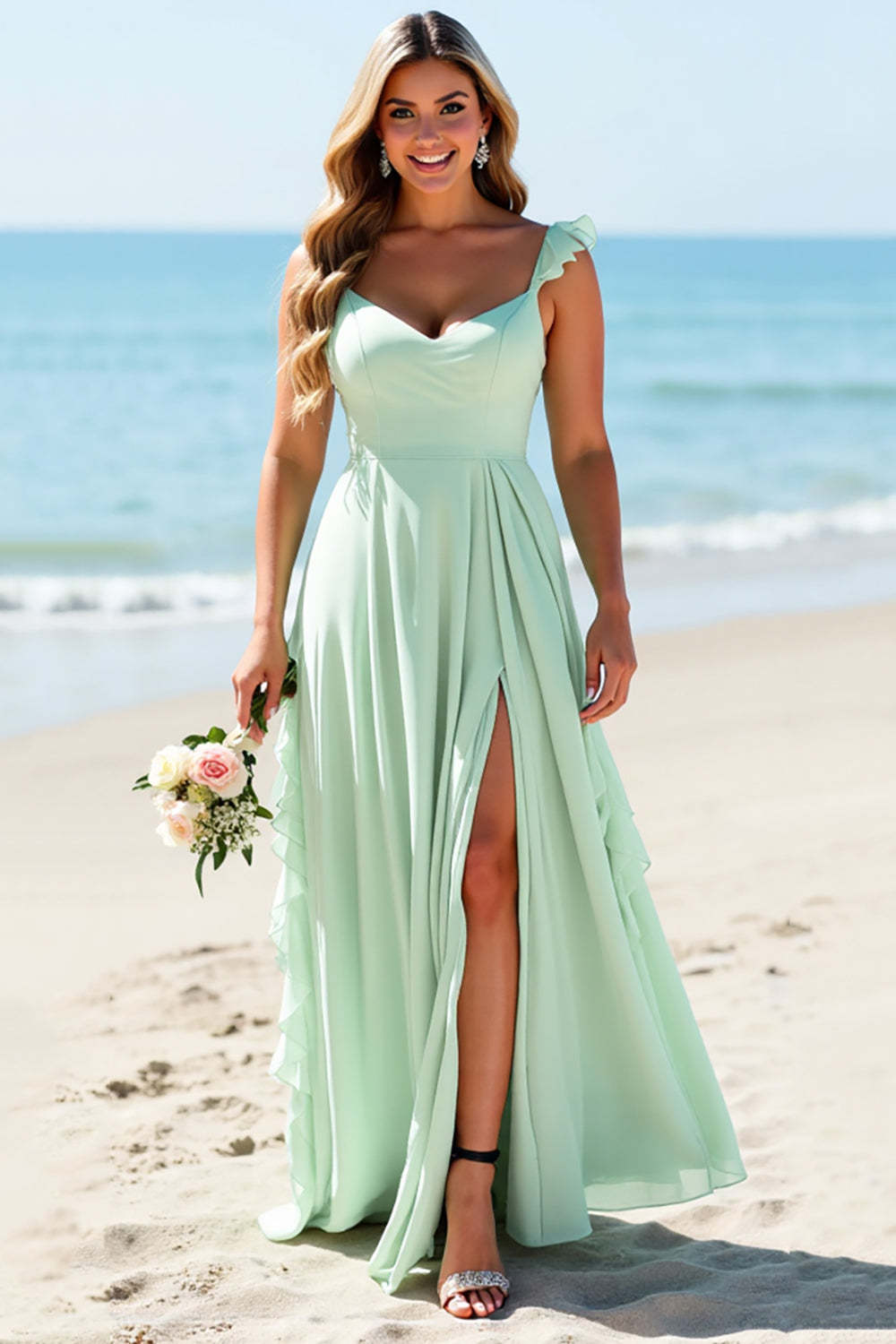 Leely Women Mint Green Chiffon Plus Size Boho Maxi Bridesmaid Dress Sheath Backless A Line Wedding Guest Dress with Ruffles