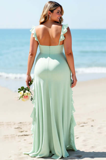 Mint Green Chiffon Plus Size Sheath Boho Maxi Bridesmaid Dress