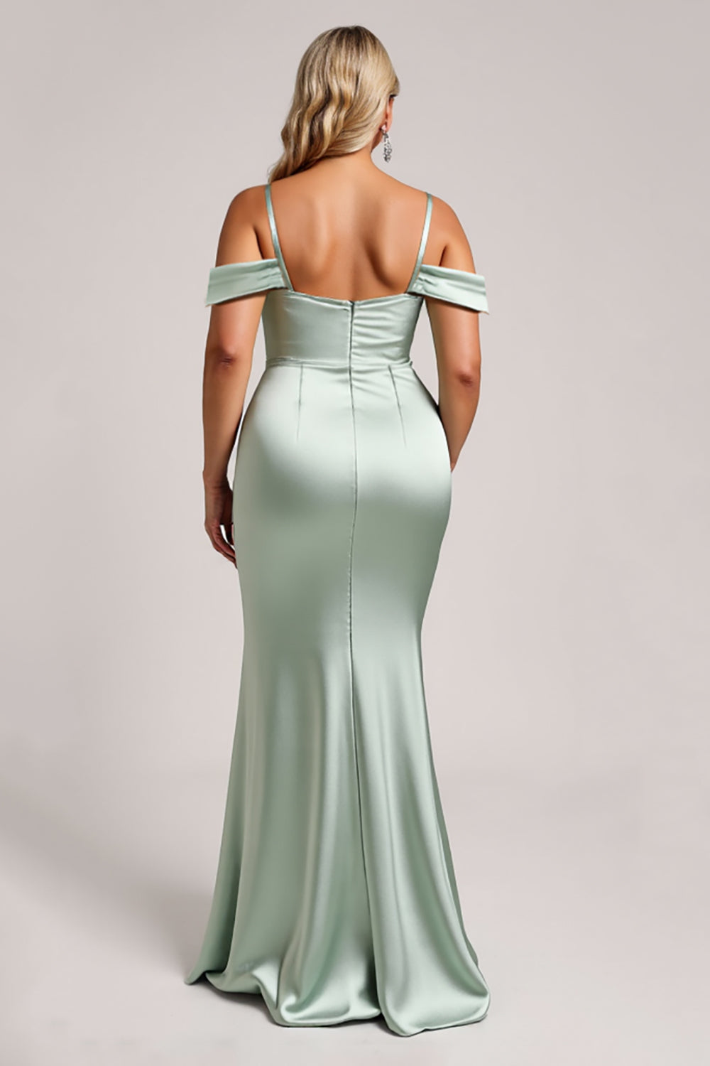 Sage Green Cold Shoulder Satin Maxi Bridesmaid Dress with Slit