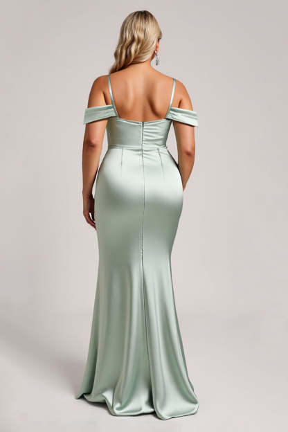 Sage Green Cold Shoulder Satin Maxi Bridesmaid Dress with Slit