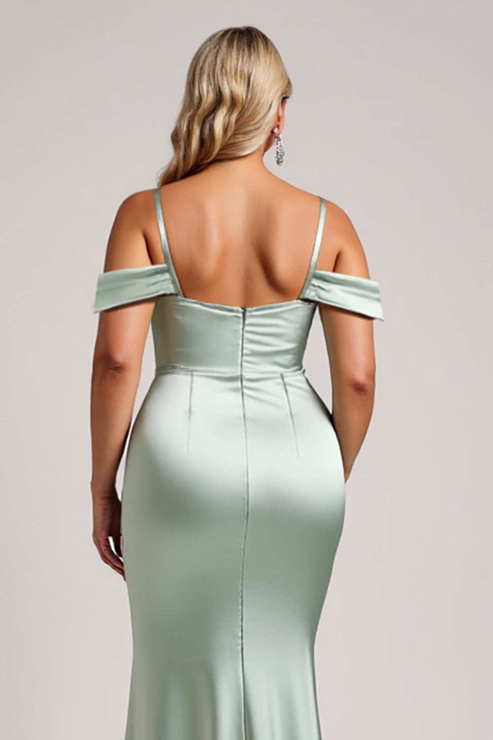 Sage Green Cold Shoulder Satin Maxi Bridesmaid Dress with Slit