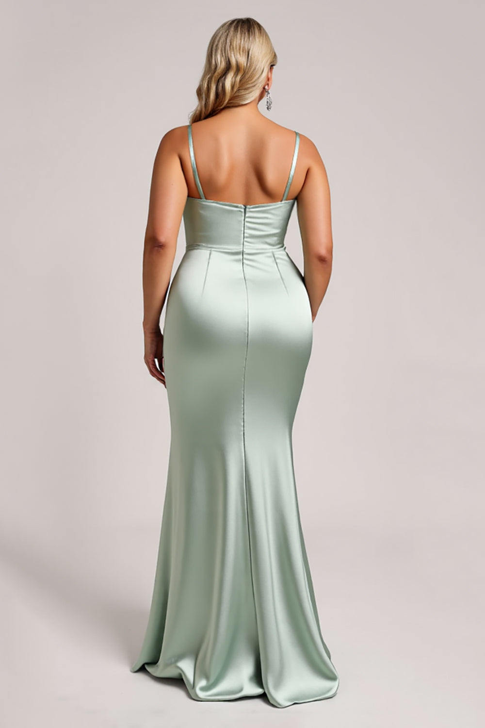 Sage Green Satin Plus Size Maxi Bridesmaid Dress with Slit