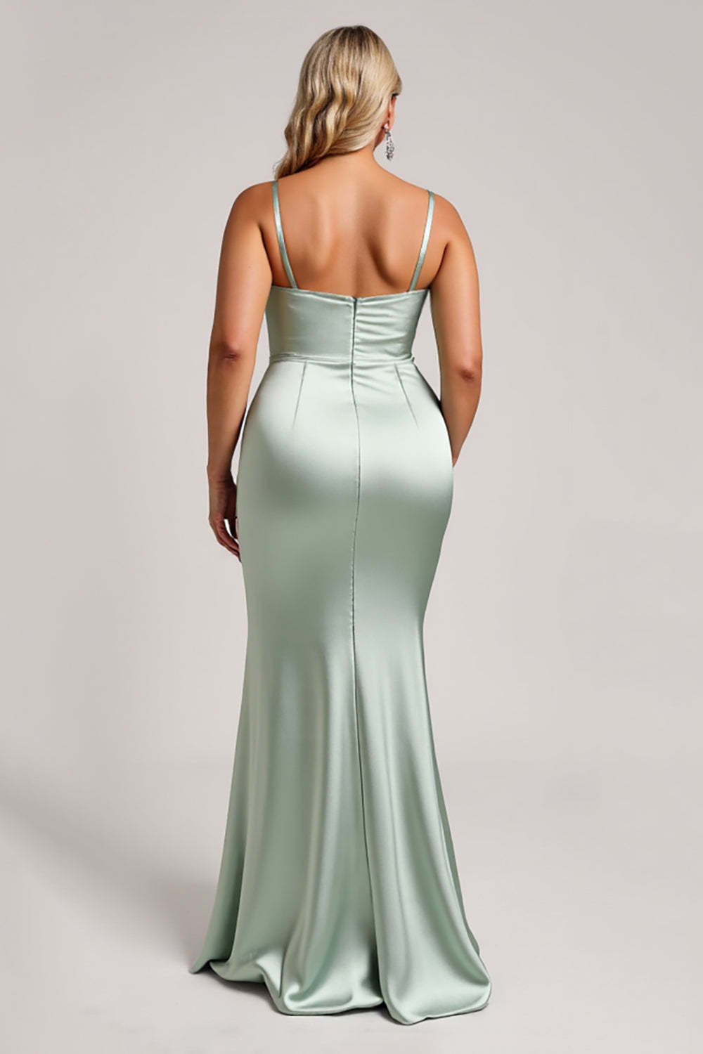 Sage Green Satin Plus Size Maxi Bridesmaid Dress with Slit