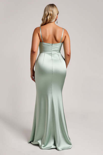 Sage Green Satin Plus Size Maxi Bridesmaid Dress with Slit