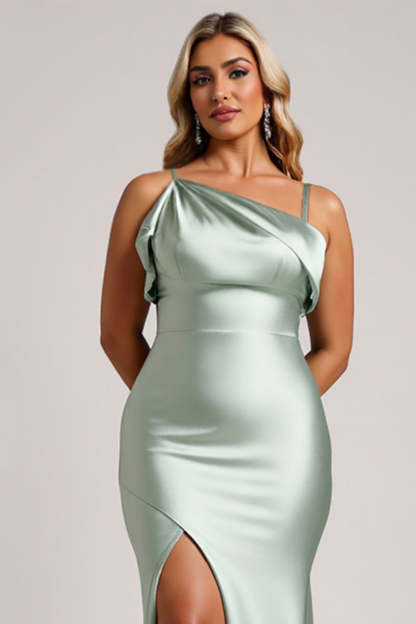 Sage Green Satin Plus Size Maxi Bridesmaid Dress with Slit