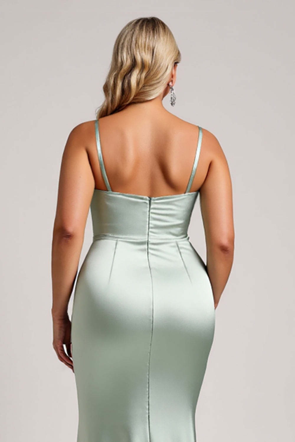 Sage Green Satin Plus Size Maxi Bridesmaid Dress with Slit