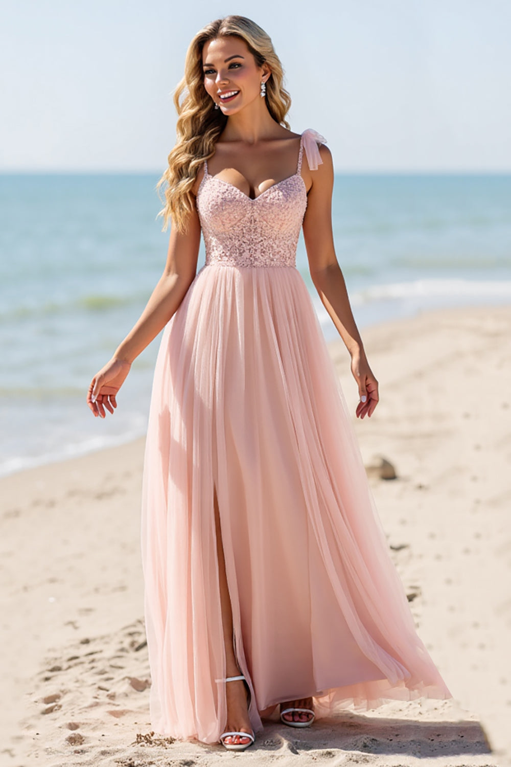 Leely Women Blush Chiffon Boho Maxi Bridesmaid Dress with Appliques A Line Spaghetti Straps Wedding Guest Dress