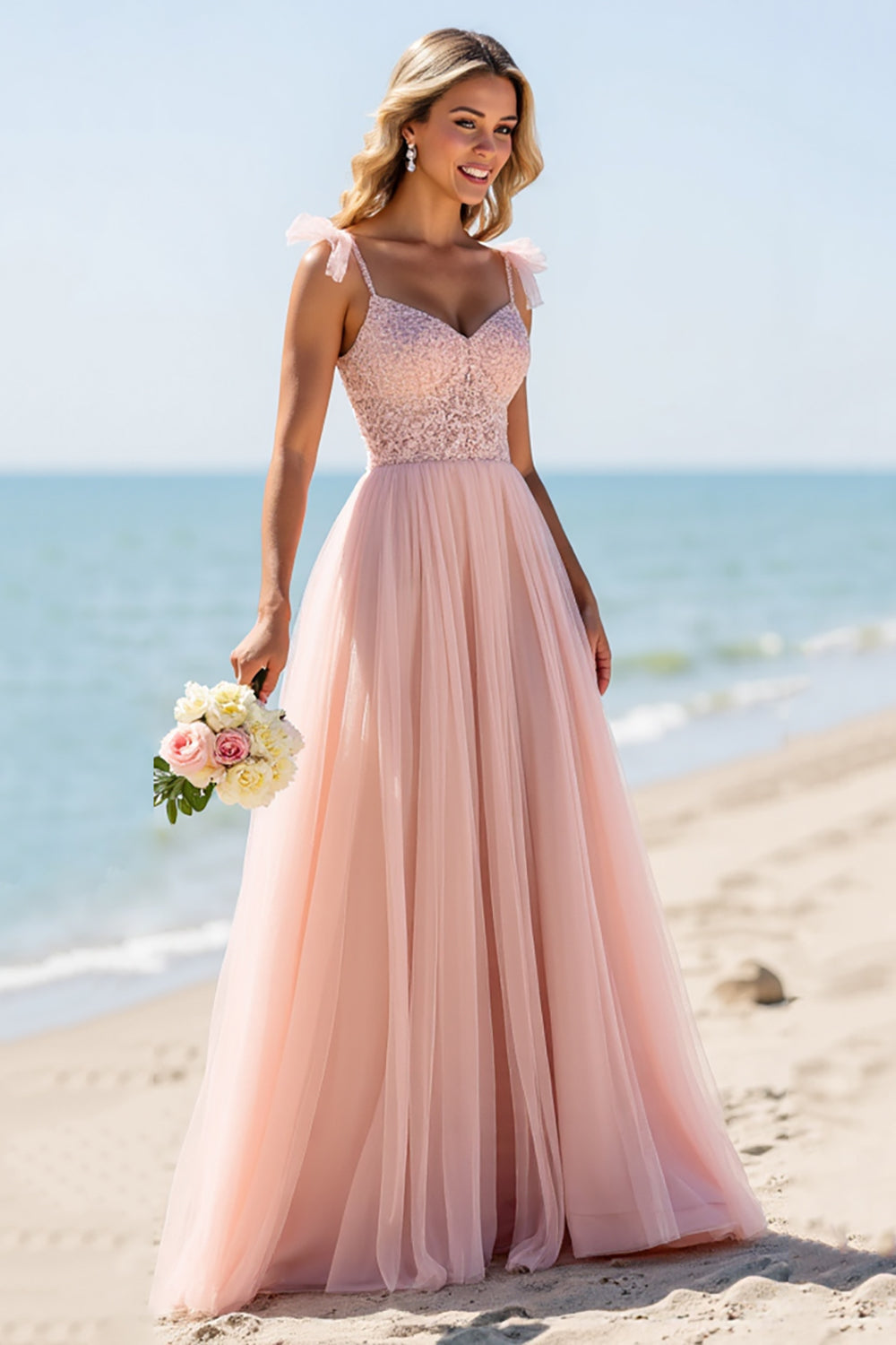 Blush A Line Spaghetti Straps Boho Maxi Bridesmaid Dress with Appliques