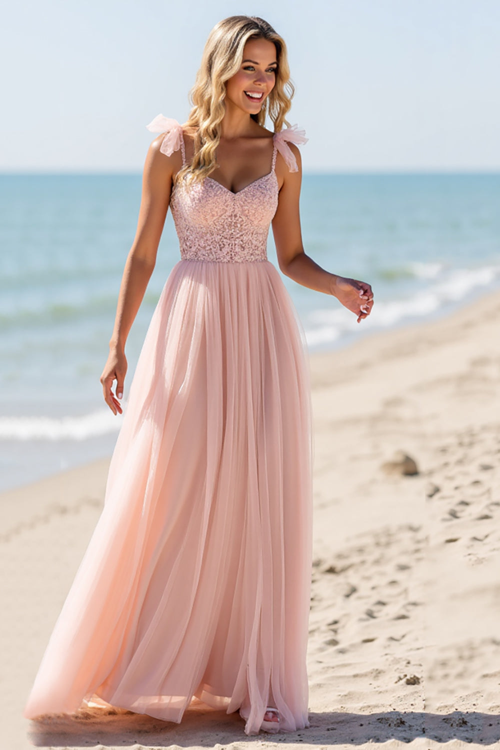 Blush A Line Spaghetti Straps Boho Maxi Bridesmaid Dress with Appliques